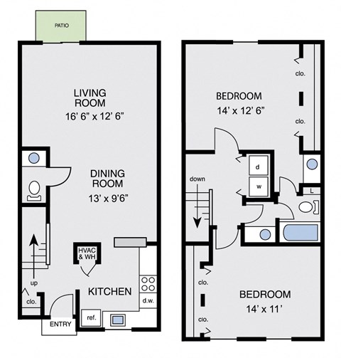 Floor plan for 2 beds, 1.5 baths, 1184 sqft